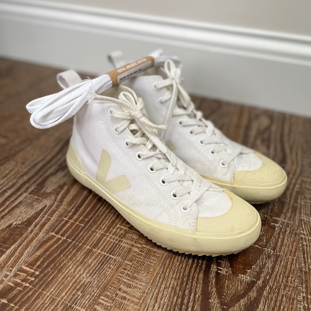 Gently worn Veja Nova high top sneakers for women. White and Pierre. Size 6.